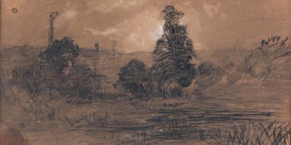 Jean Alexis Achard (1807-1884)
Etang au crépuscule.
Encre...