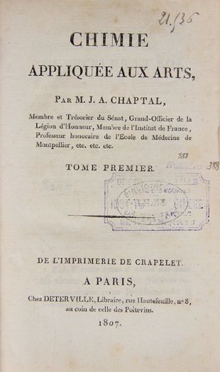 CHAPTAL (J.A.). Chimie appliquée aux Arts....