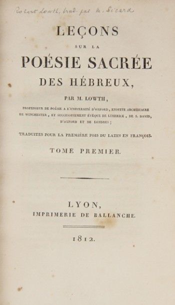 LOWTH (Robert). Leçons sur la poésie sacrée...