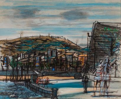 Jean CARZOU (1907-2000), Port animé. Aquarelle...