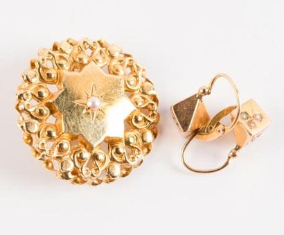 Broche et boucles d'oreille, en or jaune...