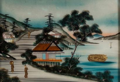 JAPON
Deux paysages peints en fixé sous-verre...
