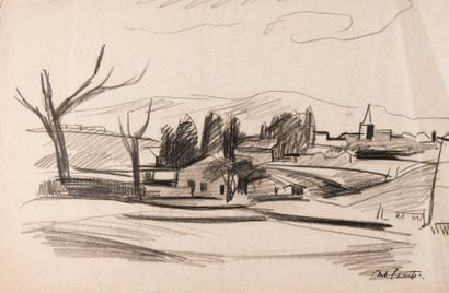 Lot de trois dessins: Portrait d'homme, Paysage,...