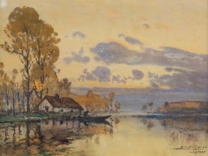 Eugène VILLON (1879-1951)
Etang dans le Dombes.
Aquarelle,...
