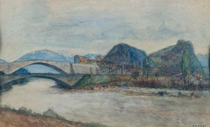 DREVET
Bord de rivière animé.
Aquarelle,...