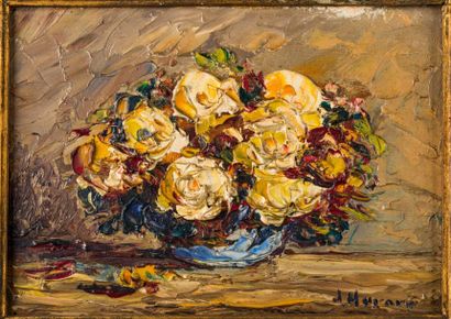 J. HU
Bouquet de fleurs dans une corbeille.
Huile...