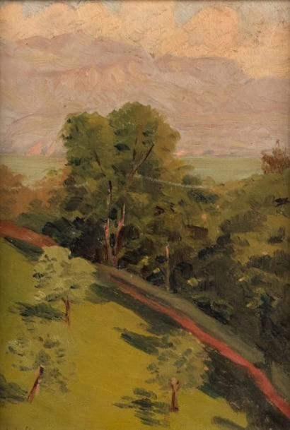 A.de la HOUGUE
Paysage, parc et montagnes.
Huile...