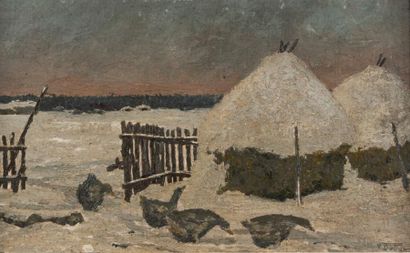 V. DUBUC (?)
Oies et meules sous la neige.
Huile...