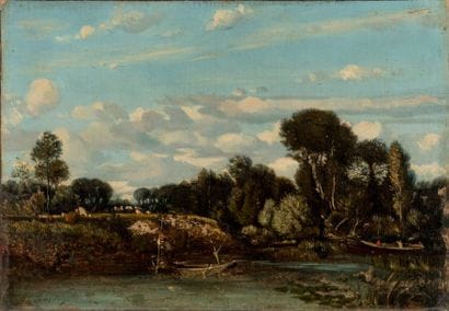 Jules DUPRE (1811-1889)
Pêcheur sur la rivière.
Huile...