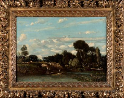 Jules DUPRE (1811-1889)
Pêcheur sur la rivière.
Huile...