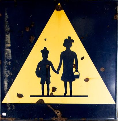 Amusante plaque émaillée jaune et bleue de...