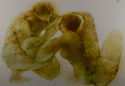 Daniel GELIS (1942). Couple accroupi. Aquarelle,...