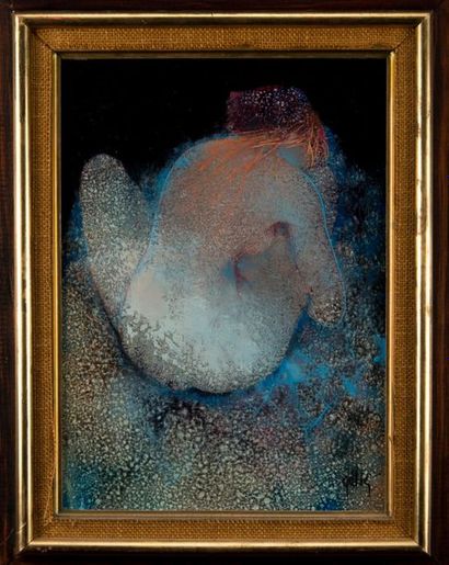 Daniel GELIS (1942).Nu bleu. Huile sur panneau,...