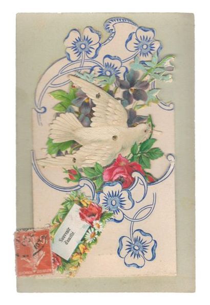 “ Souvenir d’amitié”. Chromo (14 × 9 cm)...