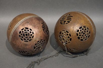 Deux boules encensoirs en cuivre ajouré asiatique....