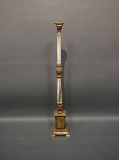 Polychrome wood column lamp base. 130 cm