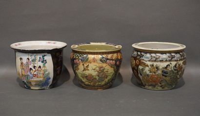 Three Chinese ceramic planters decorated...