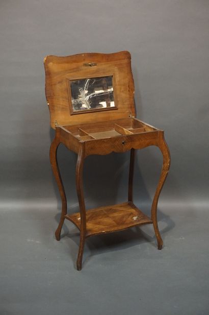 Veneered work table with one shelf and drop-leaf...