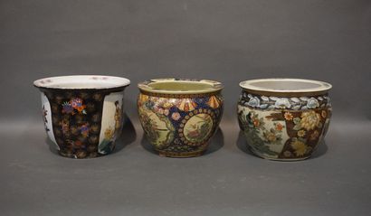 Three Chinese ceramic planters decorated...