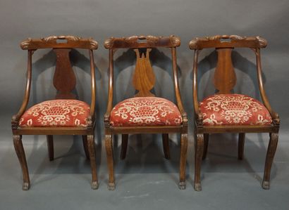 Three carved natural wood chairs, one pair...