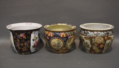 Three Chinese ceramic planters decorated...
