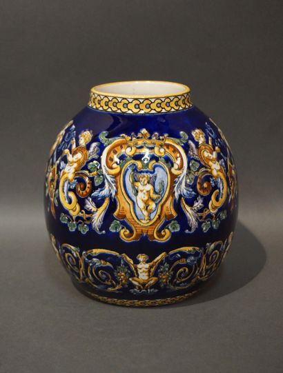 Gien earthenware ball vase with Berain decoration....