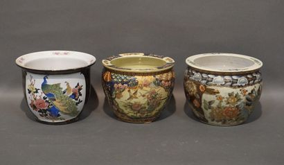 Three Chinese ceramic planters decorated...
