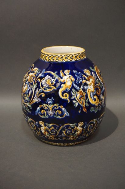 Gien earthenware ball vase with Berain decoration....