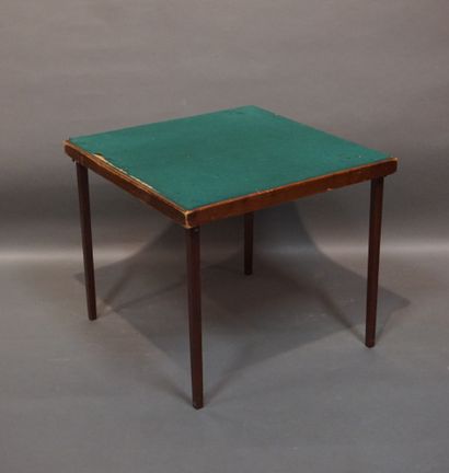 Folding game table in wood and worn green...