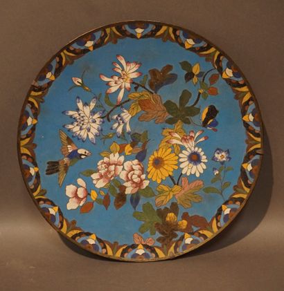 Cloisonné metal plate decorated with bird,...