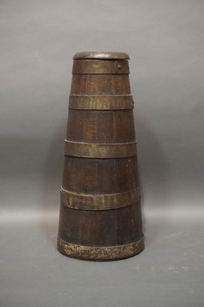 Wooden churn with metal rings. 67 cm