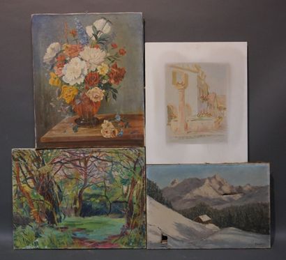 Lot de trois huiles et une aquarelle: 
