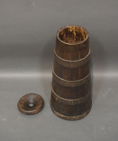 Wooden churn with metal rings. 67 cm