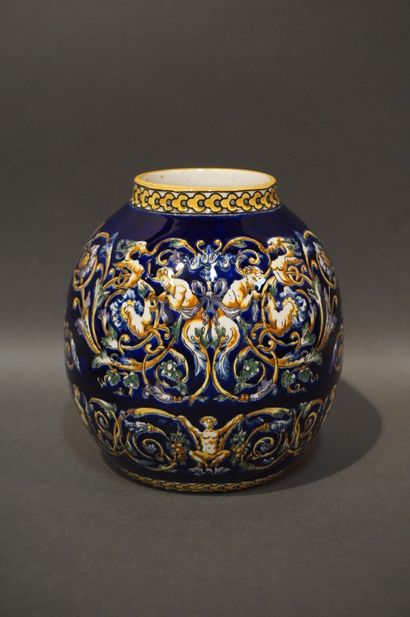 Gien earthenware ball vase with Berain decoration....