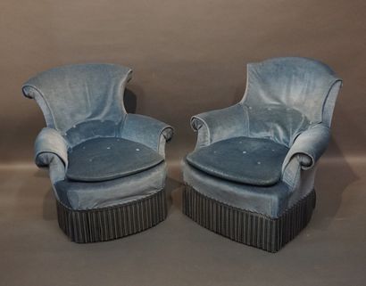 Two blue velvet toadstool armchairs (wear)....