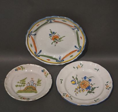 Two dishes and a plate in regional earthenware,...