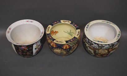 Three Chinese ceramic planters decorated...