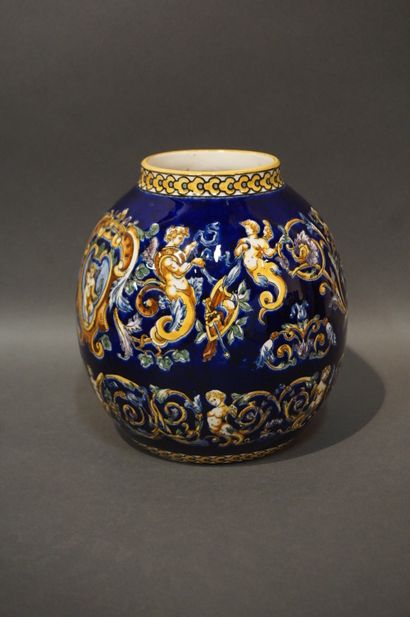Gien earthenware ball vase with Berain decoration....