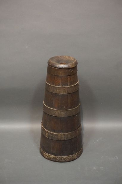 Wooden churn with metal rings. 67 cm