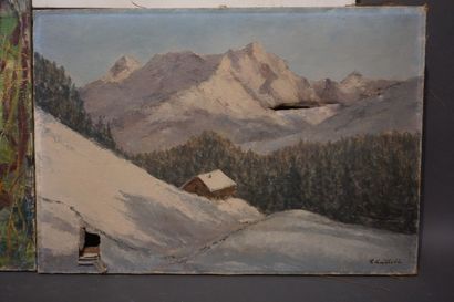 Lot de trois huiles et une aquarelle: 