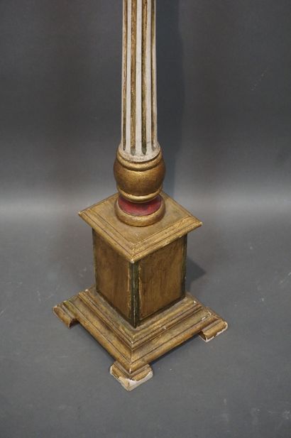 Polychrome wood column lamp base. 130 cm