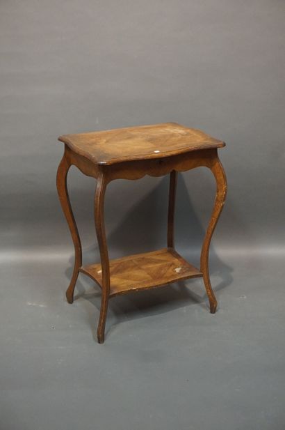 Veneered work table with one shelf and drop-leaf...