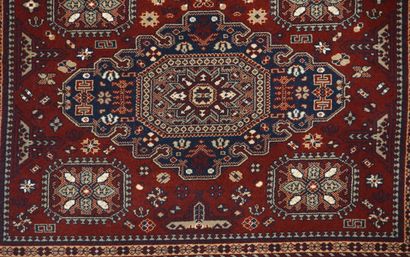 Senneh mechanical rug, navy blue and burgundy....