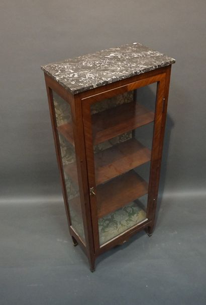 Mahogany veneered display case with grey...