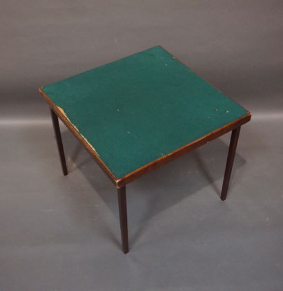 Folding game table in wood and worn green...
