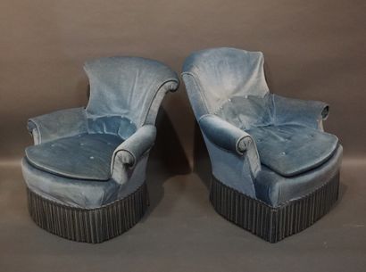 Two blue velvet toadstool armchairs (wear)....