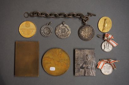 Dix médailles, broche ou plaque et chaine...