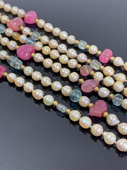 Grand sautoir en perles d'eau douce, quartz...