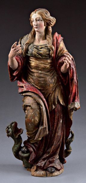 Statuette en bois sculpté, laqué polychrome,...