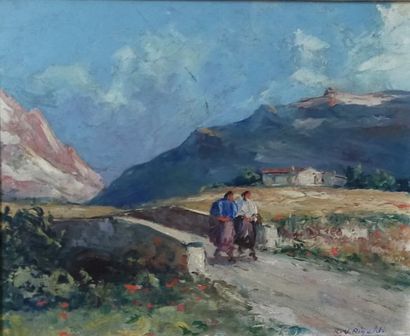 R.U RINALDI (XXth)
Walk on a bridge.
Oil...